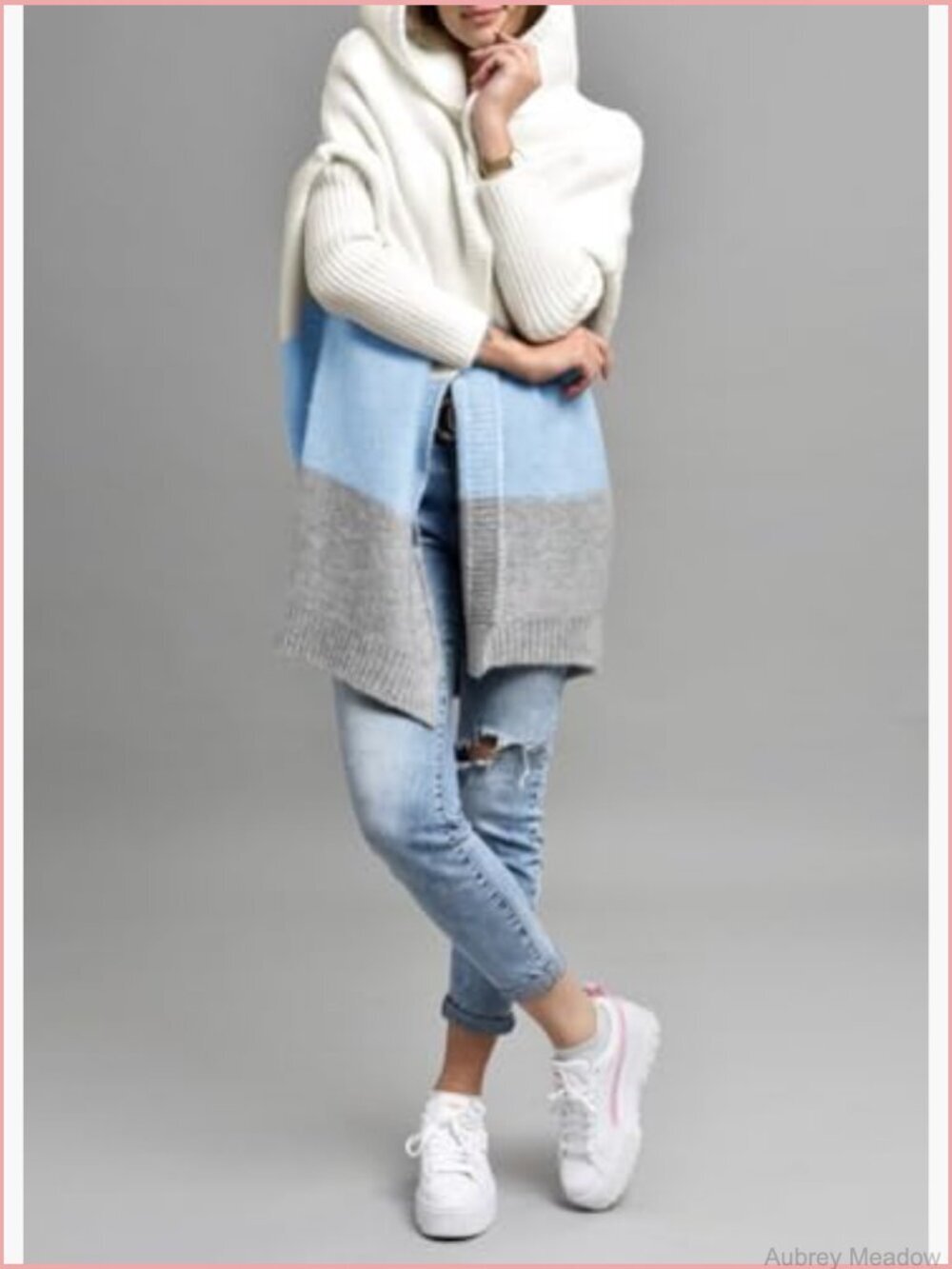 Color Block Hooded Cardigan Open Front Knit Long Coatigan Sweater Loose Fit - Picture 3 of 4